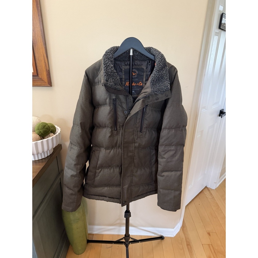Hawke & Co Mens XL Duck Down Puffer Jacket Brown Faux Fur Collar Winter Coat